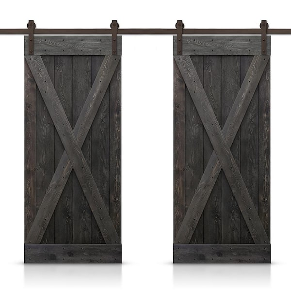 CALHOME X 64 in. x 84 in. Charcoal Black Stained DIY Solid Pine Wood Interior Double Sliding Barn Door with Hardware Kit