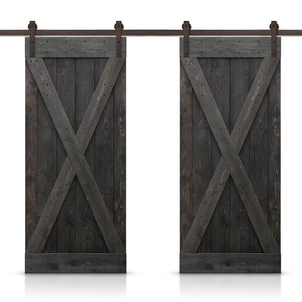 CALHOME X 96 in. x 84 in. Charcoal Black Stained DIY Solid Pine Wood Interior Double Sliding Barn Door with Hardware Kit