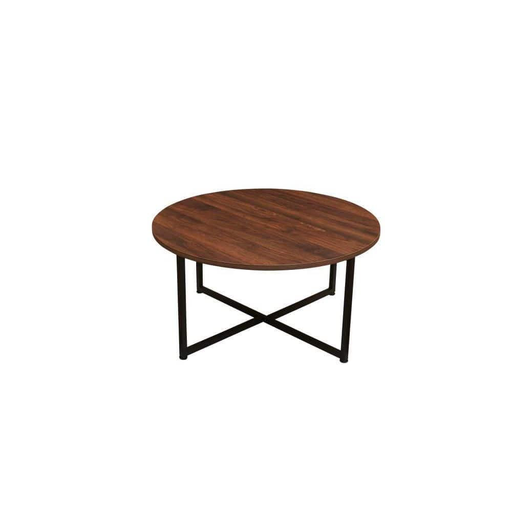 Mid-Century Walnut and Black Metal Round Coffee Table with Scratch-Resistant Top