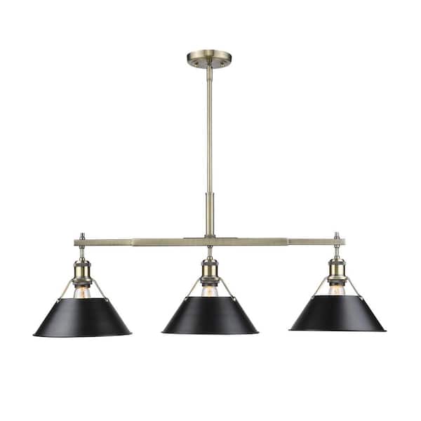 Golden Lighting Orwell AB 3-Light Aged Brass Pendant with Black Shade