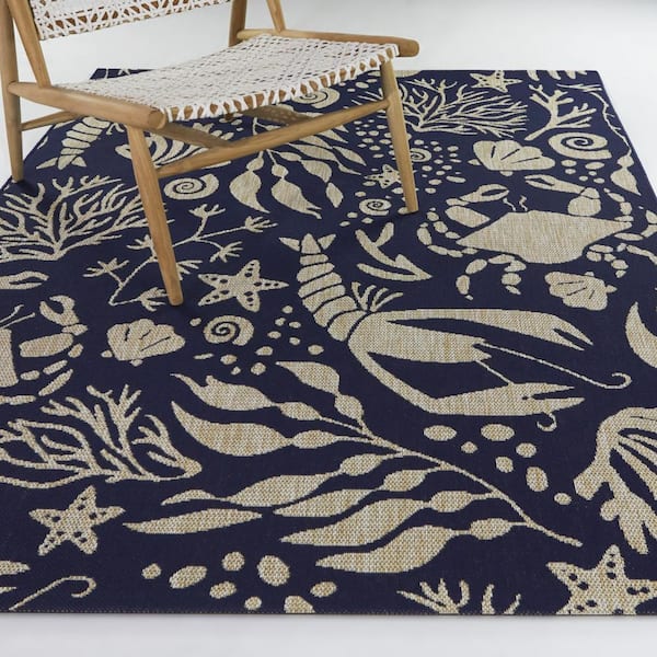 Ariel Navy Blue 8 ft. x 10 ft. Sealife Indoor/Outdoor Area Rug