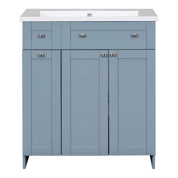 Polibi 30.00 in. W x 18.00 in. D x 34.50 in. H Wood 1-Sinks Bath Vanity in Blue with White Cultured Marble Top and Cabinet