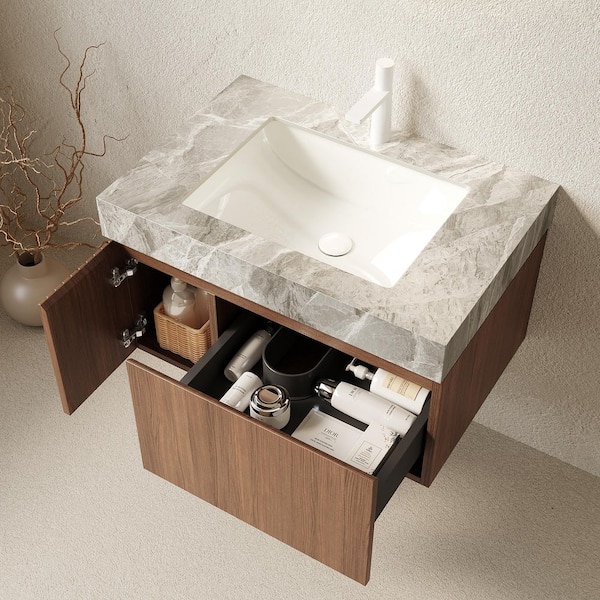 30 in. Single Sink Floating Espresso Bath Vanity with Light Gray Sintered Stone Top