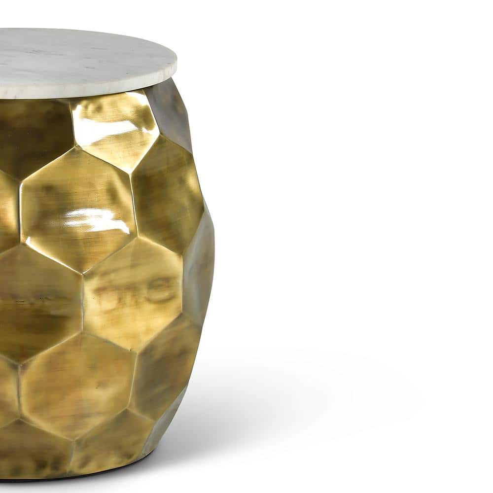 Brass and White Marble Round End Table with Textured Base