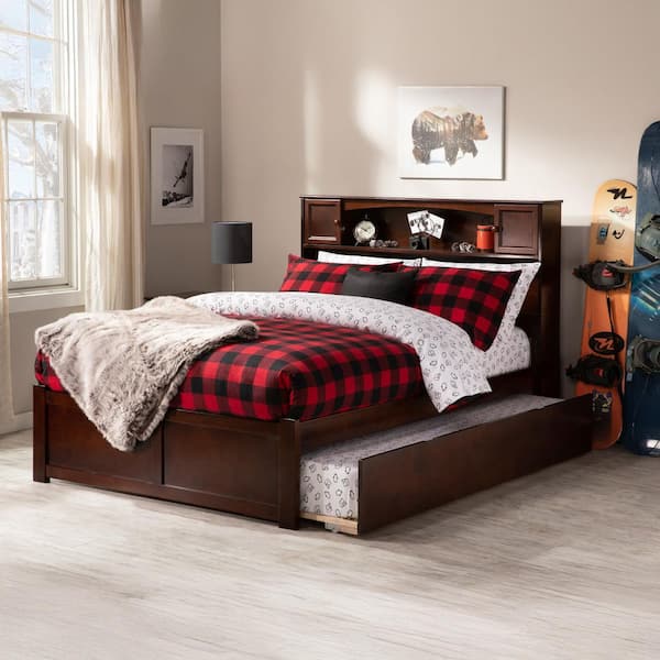 Newport Walnut Full Platform Bed with Flat Panel Foot Board and Twin Size Urban Trundle Bed