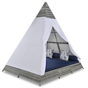 90.5 in. Wicker Outdoor Day Bed with Canopy Sunbed with Colorful Pillows Tent Shape Gray Frame and Blue Cushions