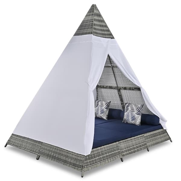 Unbranded 90.5 in. Wicker Outdoor Day Bed with Canopy Sunbed with Colorful Pillows Tent Shape Gray Frame and Blue Cushions