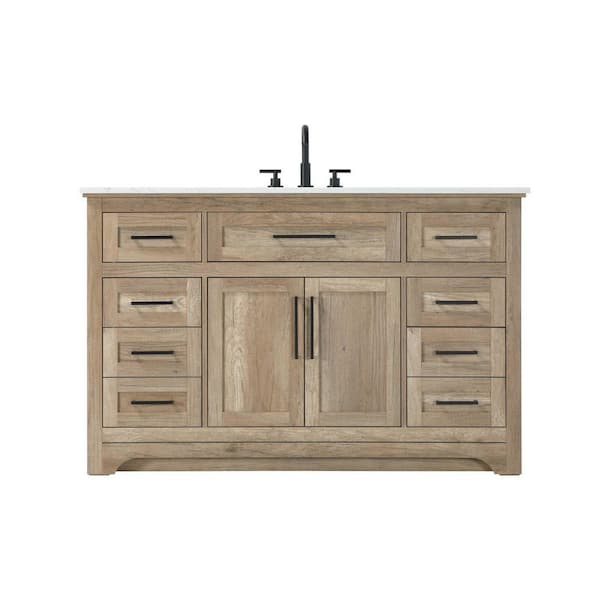 54 in. Single Sink Freestanding Natural Oak Bath Vanity with Marble White Engineered Marble Top