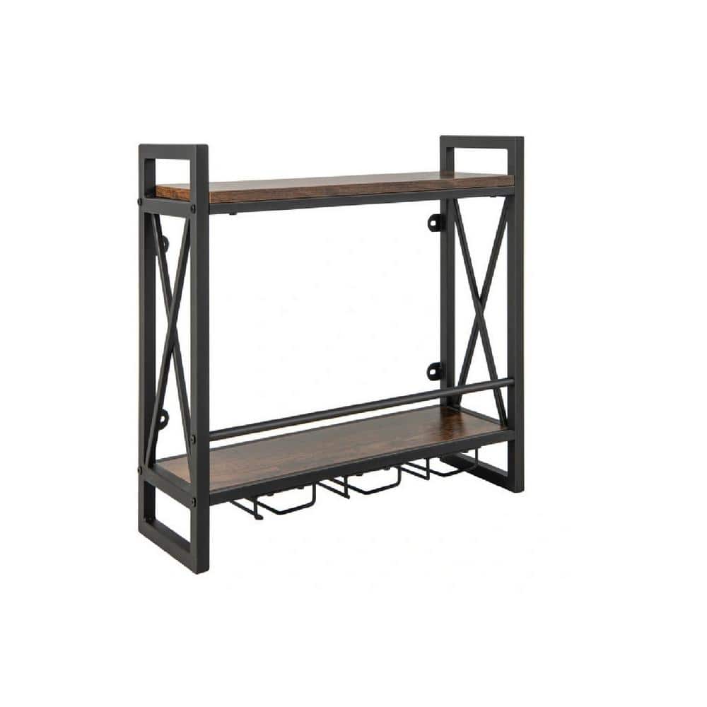 Industrial 4-Bottle Rustic Brown Wood and Metal Wall Mounted Wine Rack 3-St