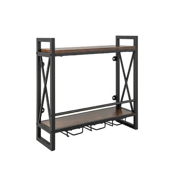 Aoibox Industrial 4-Bottle Rustic Brown Wood and Metal Wall Mounted Wine Rack 3-Stem Glass Holders