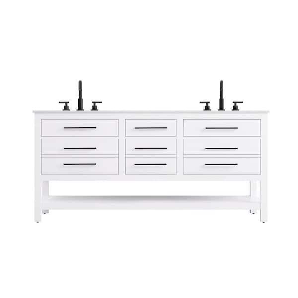 72 in. Double Sink White Bath Vanity with White Engineered Marble Top