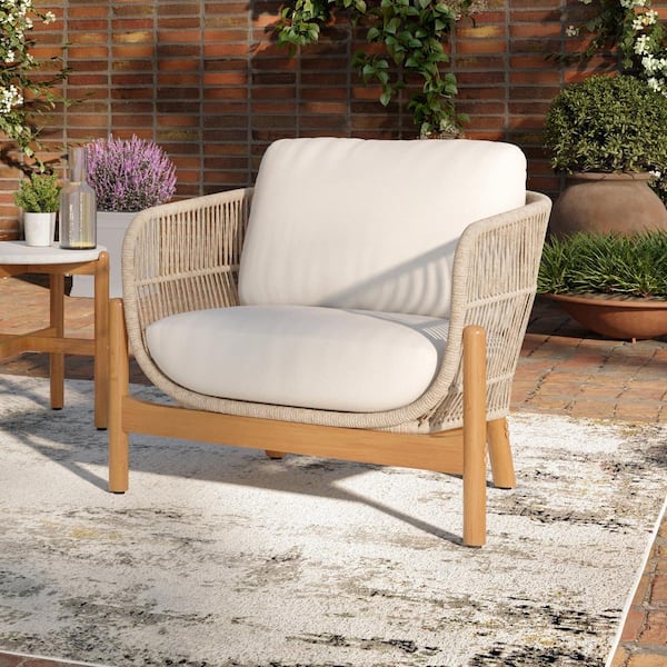 New Classic Furniture Solstice Wood Outdoor Lounge Chair with Beige Cushions (1-Pack)