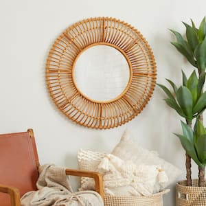 31 in. x 31 in. Handmade Woven Round Framed Brown Wall Mirror