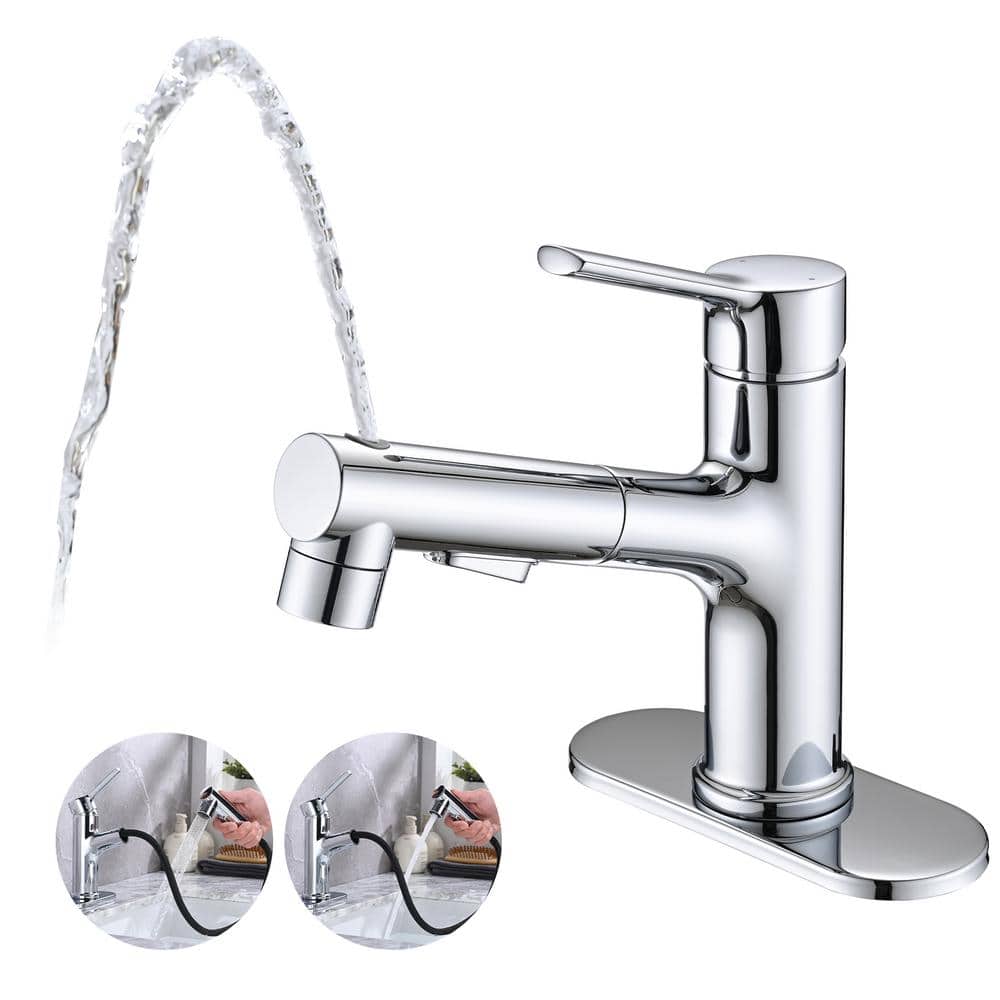 Chrome Single Handle Bathroom Faucet with Pull Out Sprayer