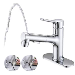 Single Handle 1 or 3-Hole Bathroom Faucet with Deckplate Included and Pull Out Sprayer in Chrome