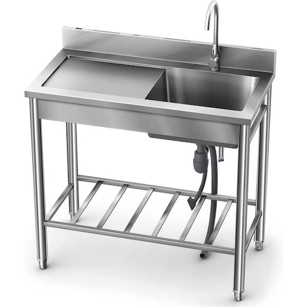 39.3 in. Freestanding Stainless Steel 1-Compartment Commercial Kitchen Sink with Faucet, Basin, Legs, and Undershelf