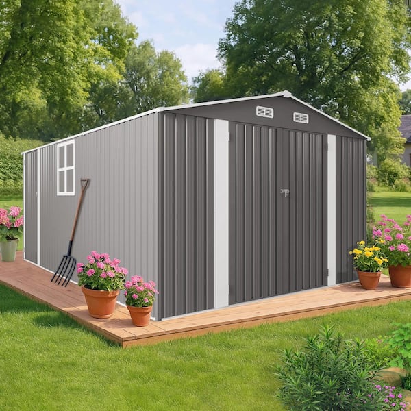 10 ft. W x 14 ft. D Grey Metal Storage Shed with 3 Lockable Doors and Window for Backyard, Patio, Garden(140 sq. ft. )