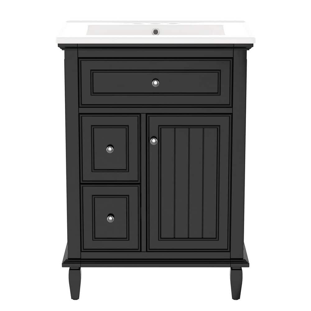 24 in. Freestanding Black Bath Vanity with White Ceramic Sink Top 1 Flip Drawer and 2 Drawers, Adjustable Shelf price history on PriceWatchPro