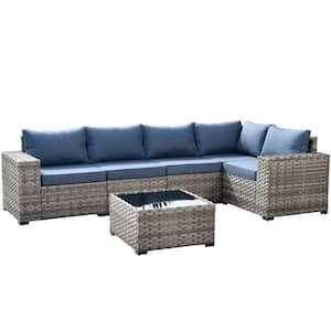 Beatrice 6-Piece Wicker Outdoor Sectional Set with Denim Blue Cushions