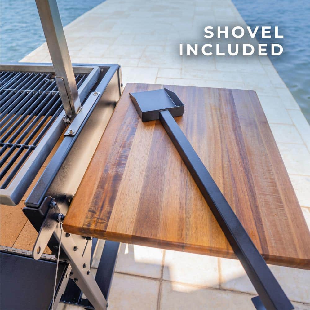 Argentine Black Steel BBQ Grill with Acacia Wood Side Table