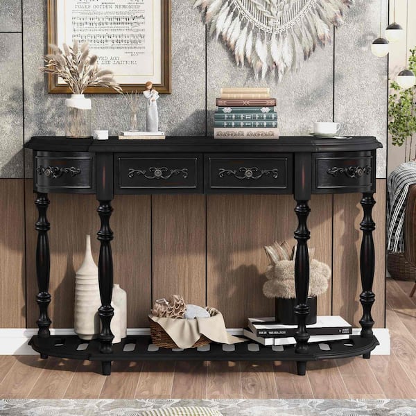Polibi 52 in. Black Curved Wood Console Table with 4-Drawers and 1-Shelf