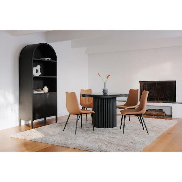 Florian Tan Dining Chair, Vegan Leather Upholstery with Black Steel Legs - (Set of 2)