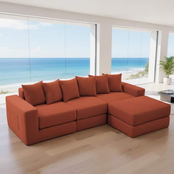 ZOSO 102 in. Square Arm 2-Piece Corduroy Modular Sofa with Ottoman Storage Pockets Sectional Sofa in Terracotta