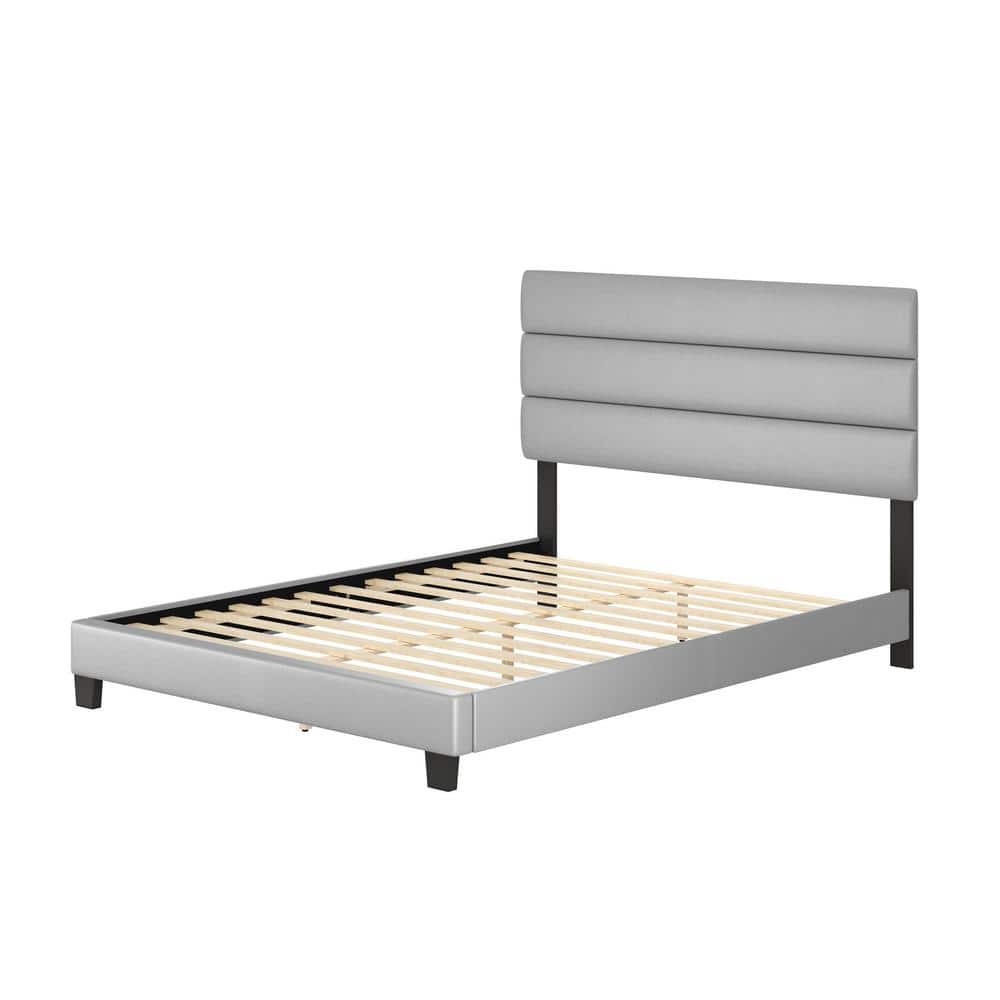 Gray Faux Leather Upholstered King Platform Bed with Tri-Panel Headboard