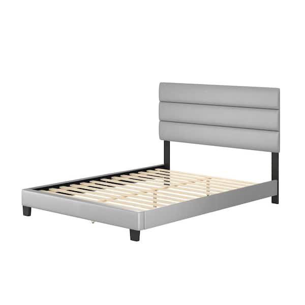 Piedmont Upholstered Faux Leather Tri Panel Channel Headboard Platform Bed Frame, King, Gray