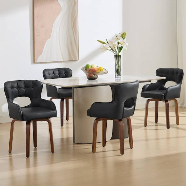 Black Faux Leather Upholstered Solid Wood Kitchen Chairs Swivel Dining Chairs (Set of 4)