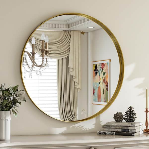 XRAMFY 24 in. W x 24 in. H Round Gold Aluminum Alloy Deep Framed Wall Mirror