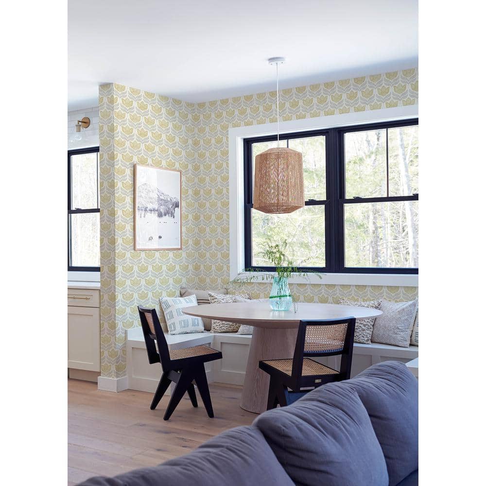 Mustard and Grey Tulip Block Print Wallpaper, 20.5-in by 33-ft