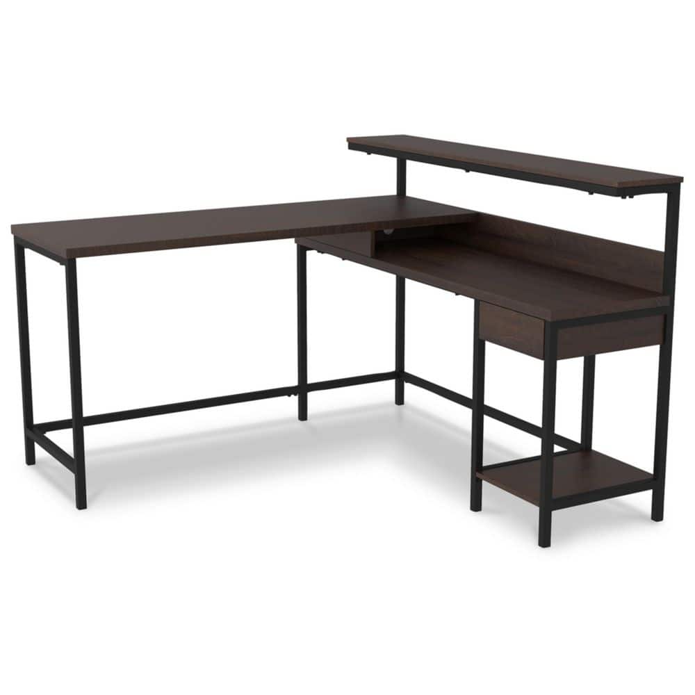 Warm Brown L-Shaped Wood Computer Desk with Hutch