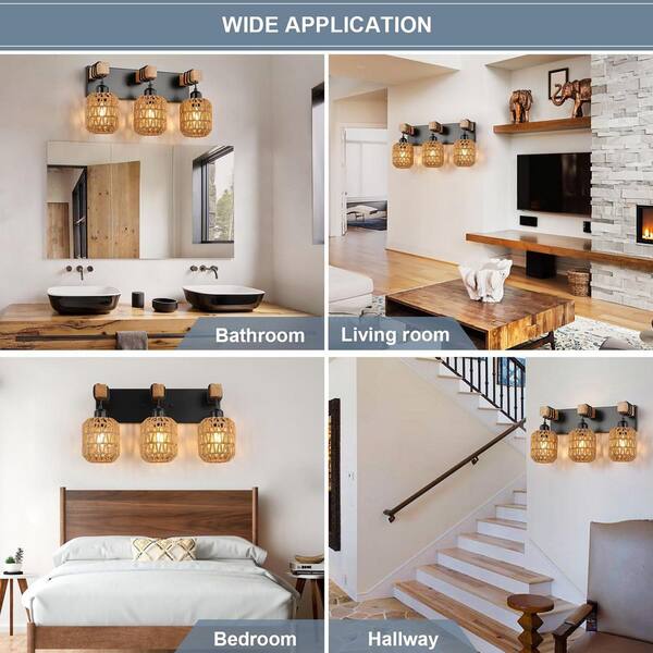 3-Light Wood & Black Metal Bathroom Vanity Light – Farmhouse Wall Fixture With E26 Sockets For Mirror, Hallway, Or Living Room