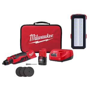 M12 12V Lithium-Ion Cordless Brushless Rotary Tool Kit with M12 12V ROVER Service and Repair Flood Light