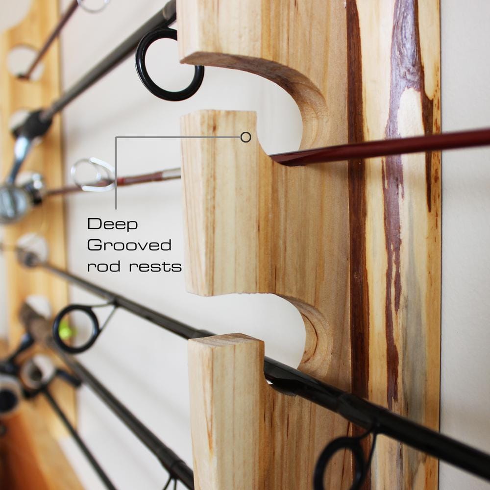 Rustic Light Brown Wood Wall-Mounted Fishing Rod Rack