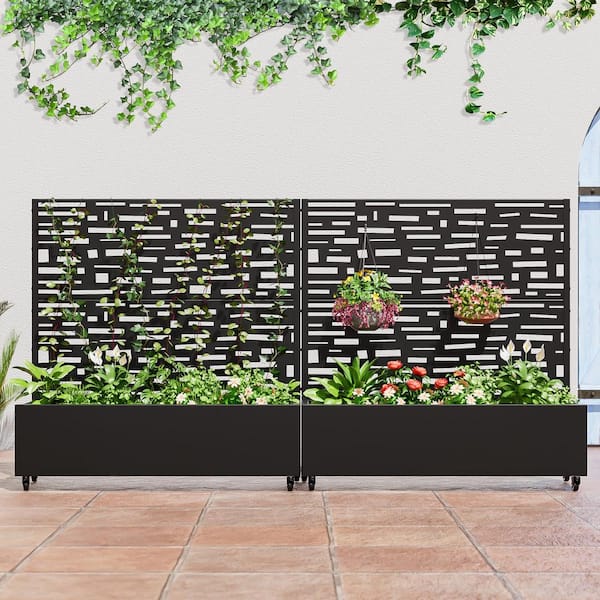 Set of 2-49 in. x 16 in. x 47 in. Black Metal Iron Planter Box with Attached Trellis for Climbing Vegetation