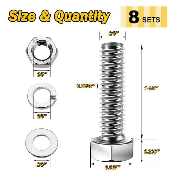 3/8 in.-16 x 1-1/4 in. Stainless Steel Uncoated Hex Bolt with Nut, Washer and Lock Washer (8-Pack)