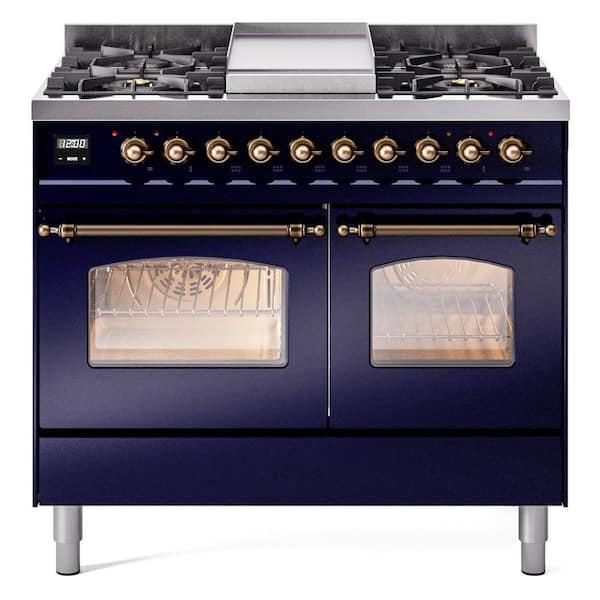 ILVE Nostalgie II 40 in. 6-Burner plus Griddle Double Oven Liquid Propane Dual Fuel Range in Midnight Blue with Bronze