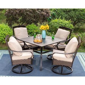 5-Piece Metal Patio Outdoor Dining Set with Square Table and Swivel Chairs with CushionGuard Beige Cushions