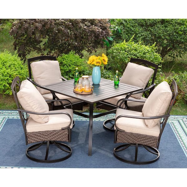 PHI VILLA 5-Piece Metal Patio Outdoor Dining Set with Square Table and Swivel Chairs with CushionGuard Beige Cushions