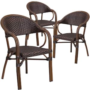 Aluminum Stackable Outdoor Dining Chair in Bark Brown Rattan/Red Bamboo
