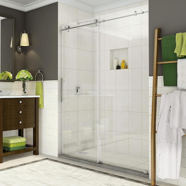 Coraline 56 in. to 60 in. x 76 in. Frameless Sliding Shower Door in Stainless Steel