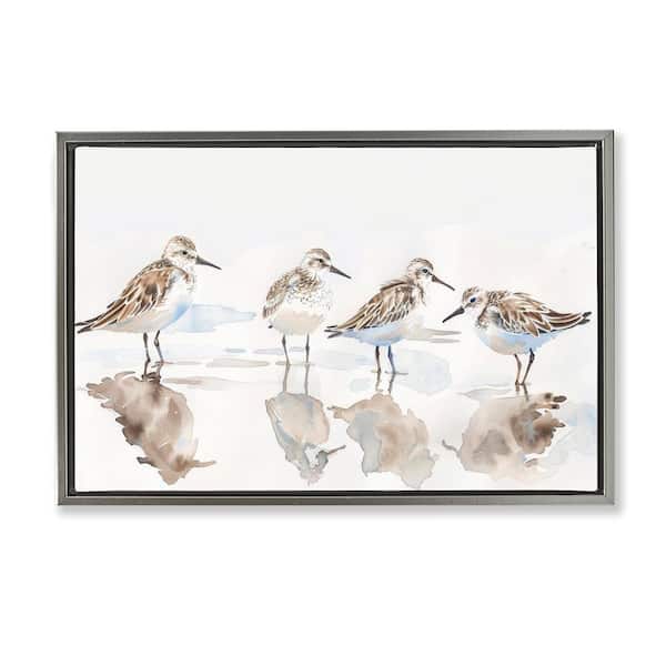 Stupell Industries Sandpipers Shore Reflection by Petal Prints Design Gray Floater Frame Animal Graphic Art Print 17 in. x 25 in.