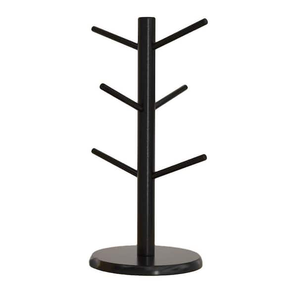 6-Hook Black Thicker Base Countertop Mug Tree Holder Space Saving Bamboo Stand for Coffee Cups Kitchen Decor