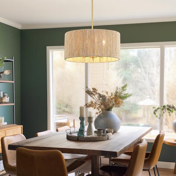 Ballwin 18 in. 4-Light Rattan Drum Chandelier with Brass Canopy