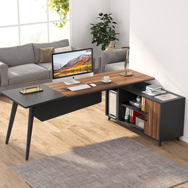 BYBLIGHT Lanita 79 in. L-Shaped Brown Wood Computer Desk with File Cabinet, Large Executive Office Desk with Shelves, Business