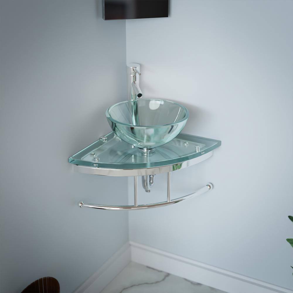 Round Corner Clear Tempered Glass Wall Mount Sink with Chrome Faucet