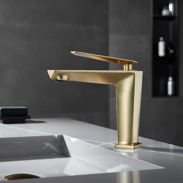 GIVING TREE NOBLE Single Handle Sink Faucet Mid Arc Single Hole Bathroom Faucet with Integral Deckplate in Brushed Gold