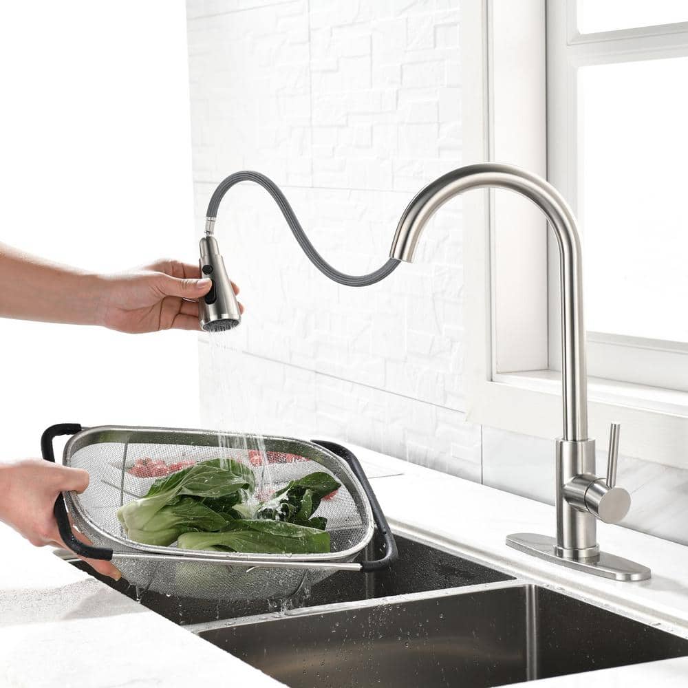 Brushed Nickel Stainless Steel Pull-Out Kitchen Faucet with Deck Plate